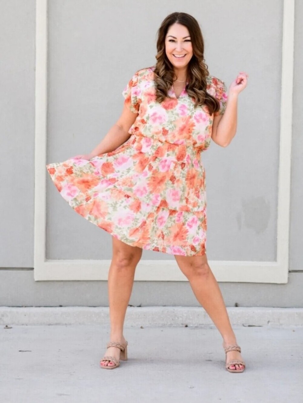 Gibson Look | Spring Floral Flutter Sleeve Smocked Chiffon Dress Size XXL